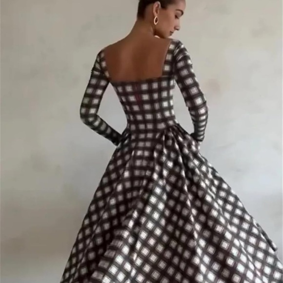 Elegant Plaid A-line Dress for Women Square Neck Backless Long Sleeves Slim Dres - Picture 13 of 15